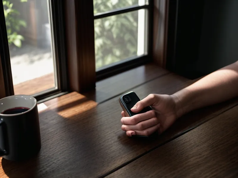 Gros plan d'une main près d'un téléphone éteint sur une table de cuisine.