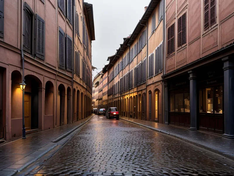 Vue d'une rue de Toulouse à travers une fenêtre pluvieuse au crépuscule.