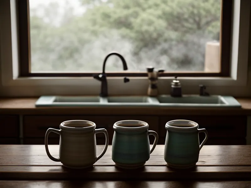 Deux tasses à café dépareillées sur une table de cuisine en bois