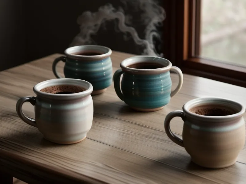Deux tasses de café dépareillées posées sur une table basse dans un salon.