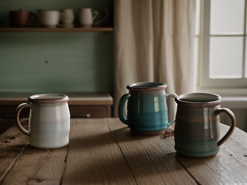 Deux tasses de café dépareillées sur une table en bois dans une cuisine sombre