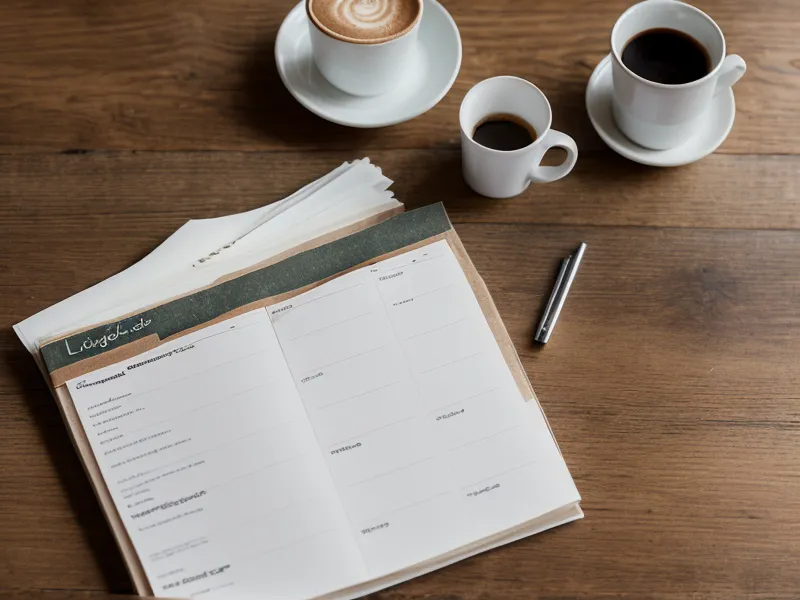 Un agenda avec des notes manuscrites et une trace de tasse de café, rappel discret au milieu de la reconstruction du couple.