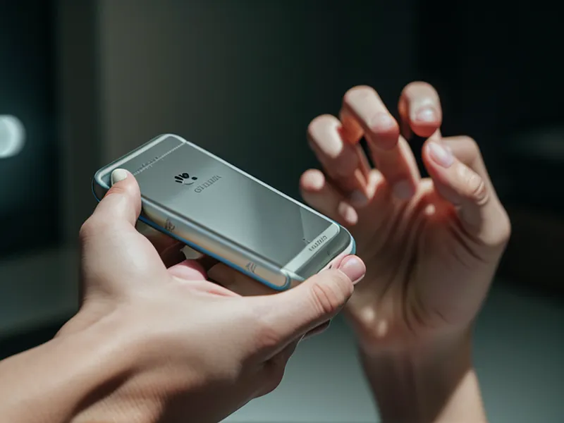Main d'homme tenant un smartphone recevant un message dans l'obscurité d'un bureau