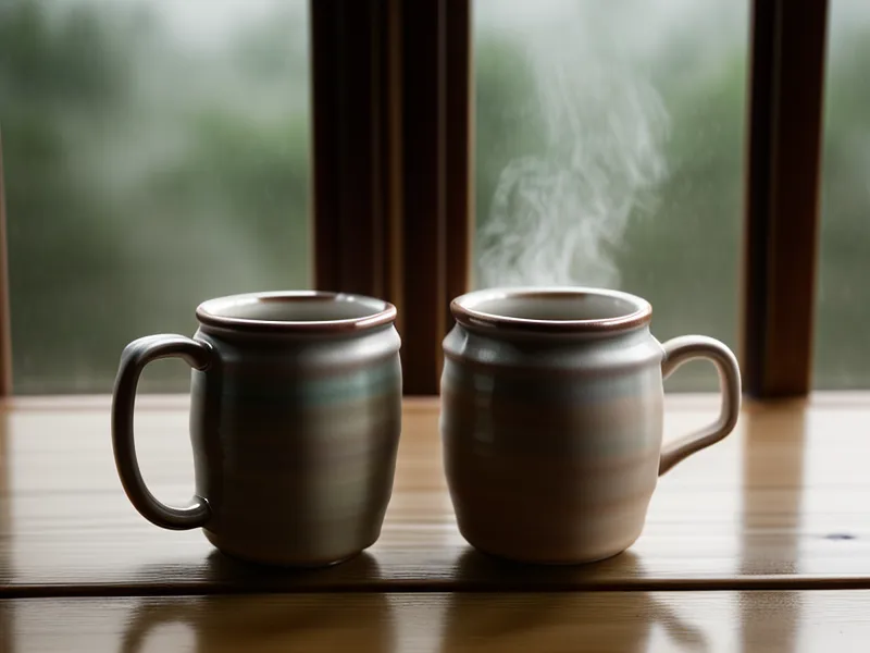 Deux tasses dépareillées sur une table en bois devant une fenêtre pluvieuse