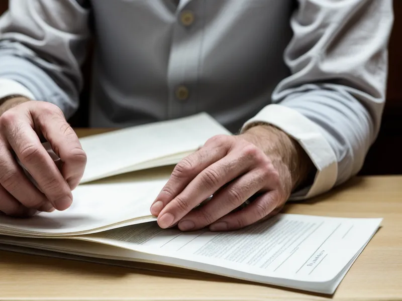 Gros plan sur des mains crispées sur des documents de divorce.
